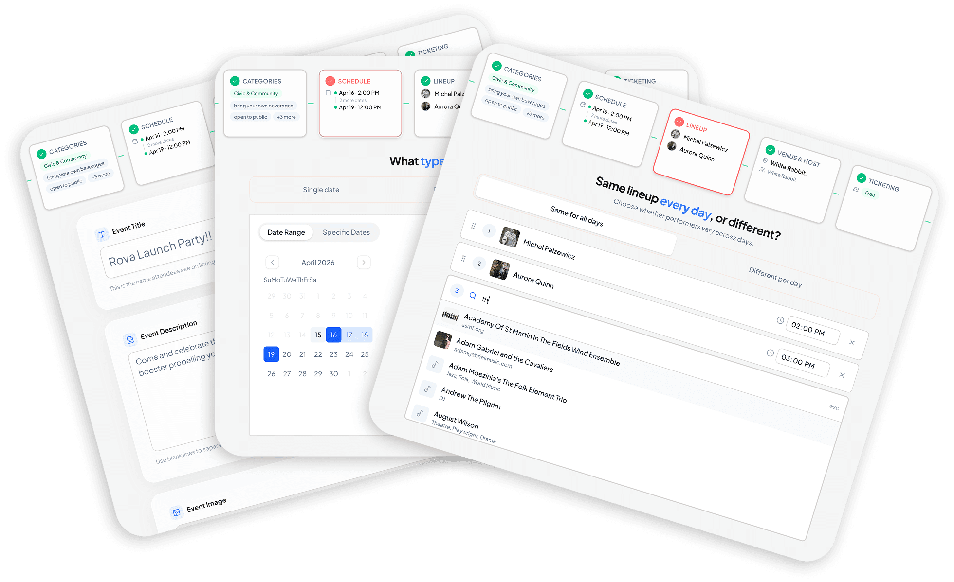 Rova event creation builder