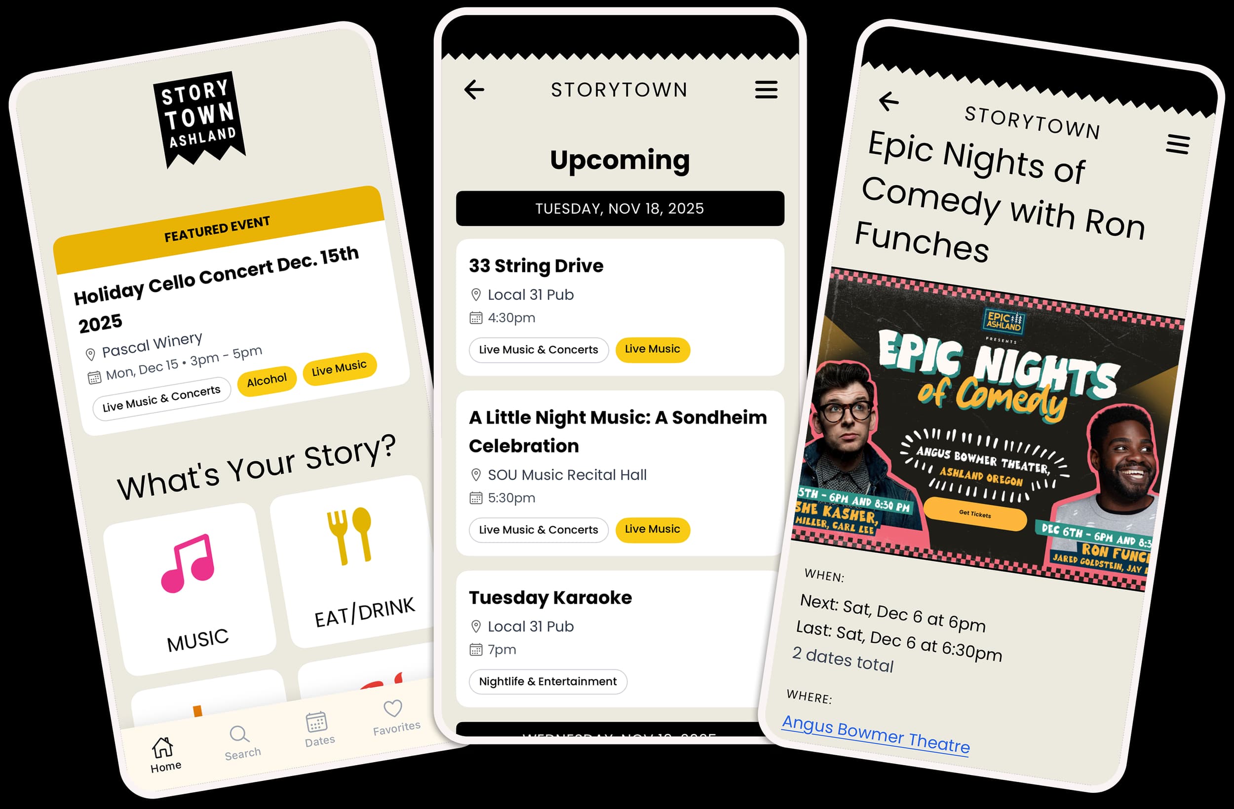 Three phones showing the Storytown app — featured event, upcoming events list, and event detail screen